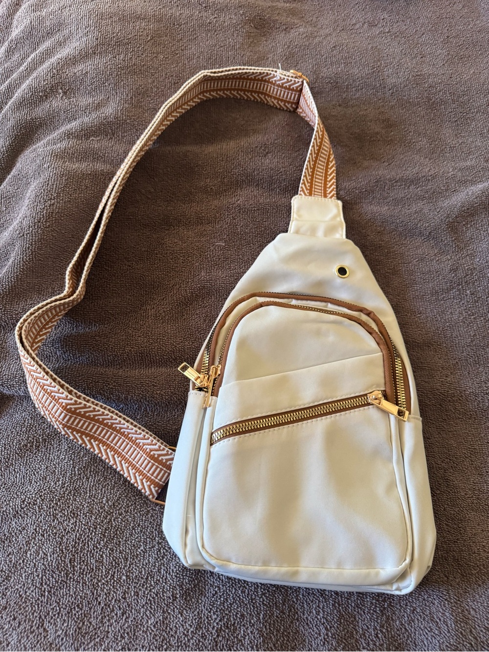 Cream Sling Crossbody Bag with Tan Accent Strap